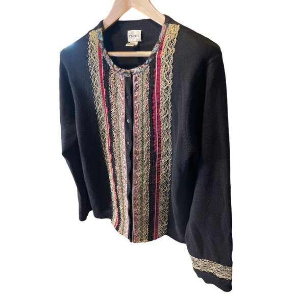 Chico's Silk Blend Black Embroidered Detail Cardigan Sweater Sz XL - Picture 3 of 10